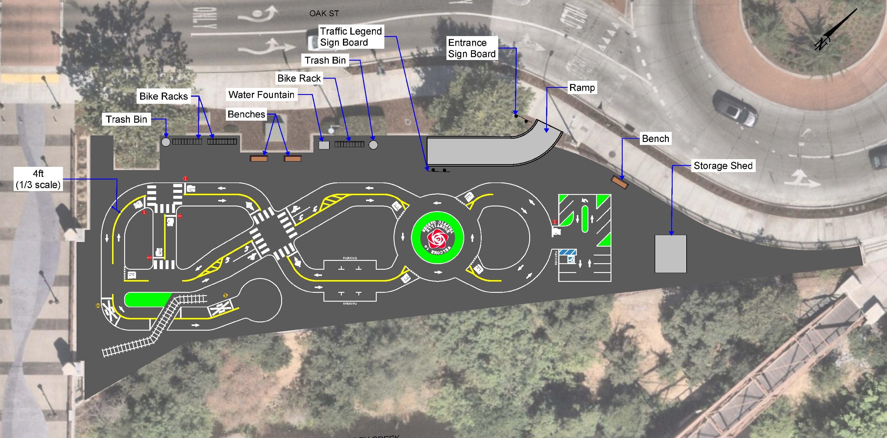 Rendering of a traffic course near a pedestrian bridge and Oak Street.